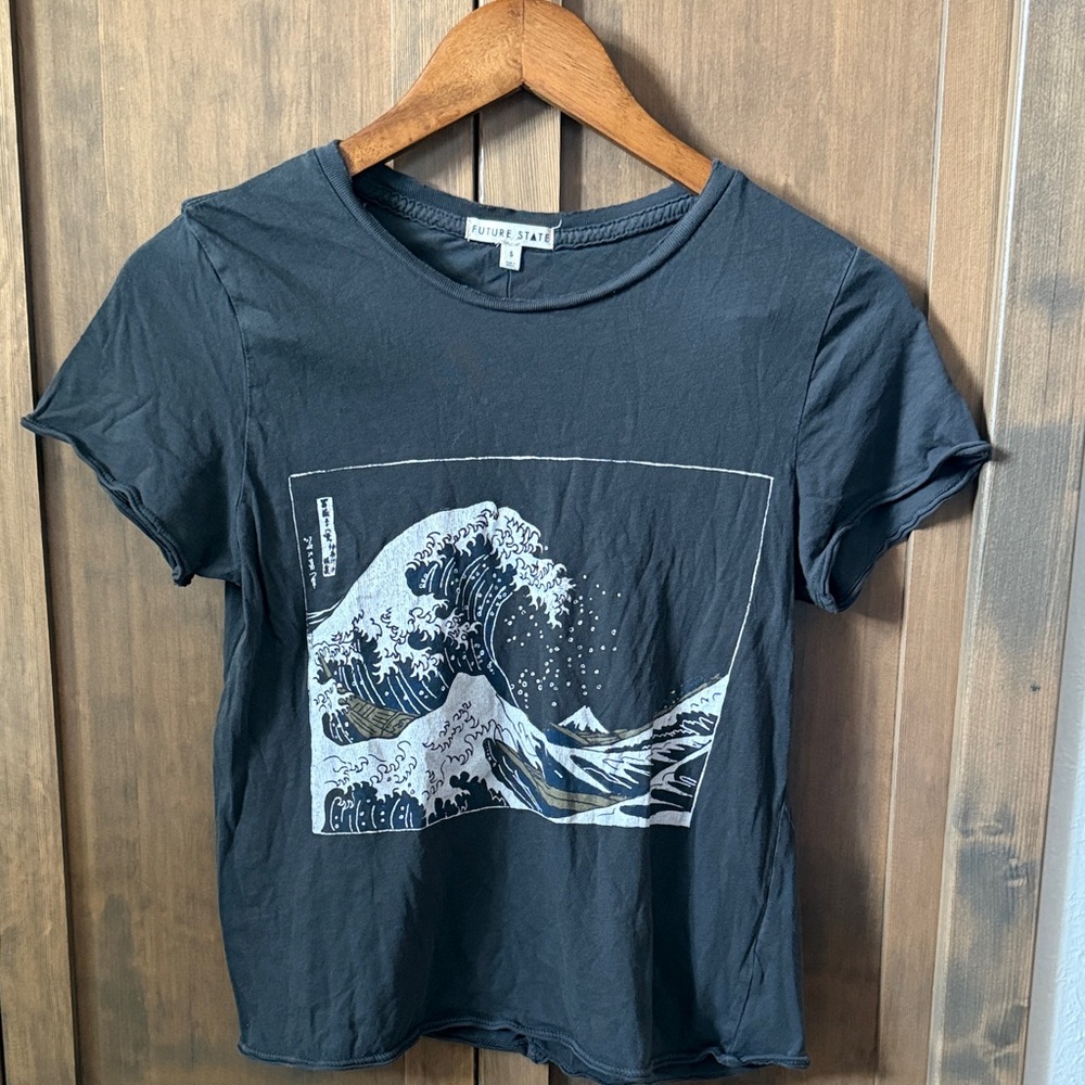 Free People Black and Gray Graphic Short Sleeve Tee